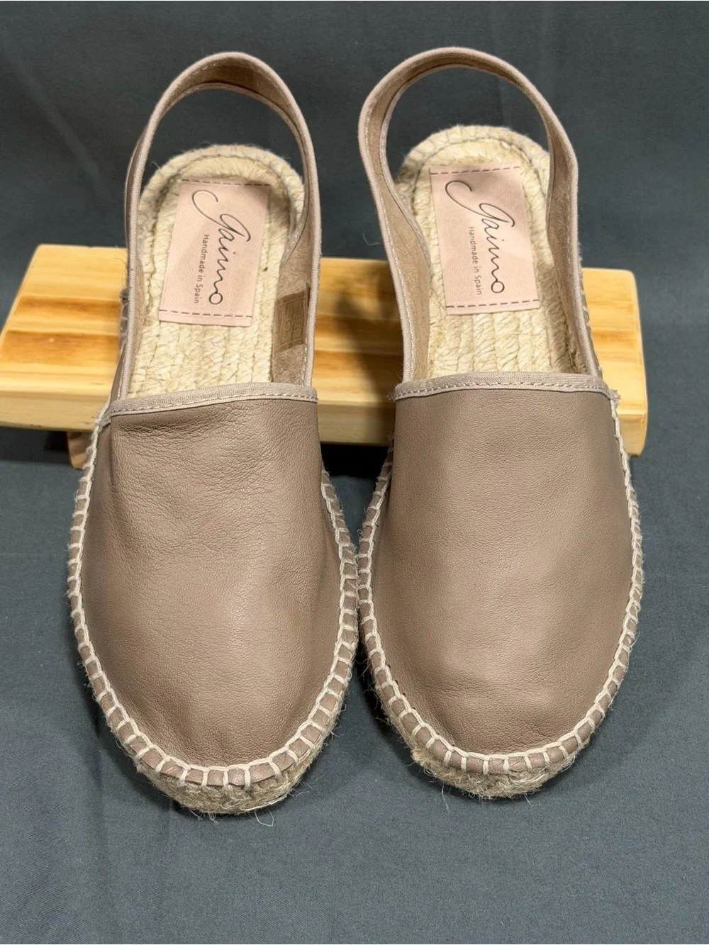 Gaimo Leather Slingback Espadrilles Low Wedge Handmade Spain Taupe EU36 US 5.5 6